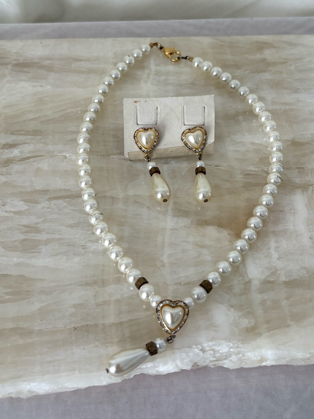 Vintage coquette pearl heart pendant necklace and dangling earrings set fairy